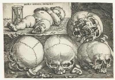 Criança a dormir com ampulheta e quatro caveiras
Mors Omnia Aeqvat (título sobre o objecto) de Barthel Beham