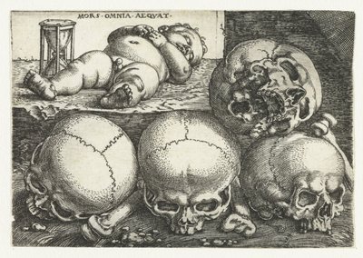 Criança a dormir com ampulheta e quatro caveiras
Mors Omnia Aeqvat (título sobre o objecto) de Barthel Beham