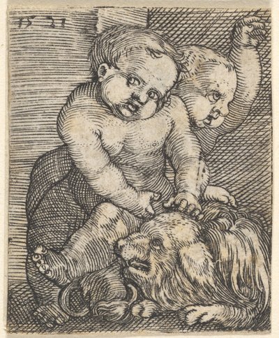 Dois meninos brincando com um cachorro, meados do século XVI. de Barthel Beham