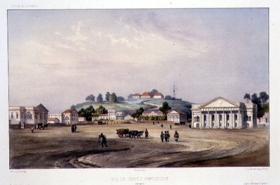 Vista de um Templo Protestante, Singapura, gravado por Alfred Leon Lemercier, c.1840 (litografia colorida à mão) de Barthelemy (after) Lauvergne