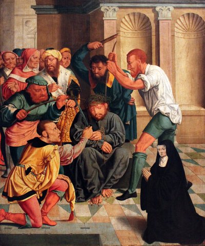 Alemão: Dornenkrönung Christi mit kniender Benediktinerin als Stifterin Cristo coroado de espinhos com uma freira beneditina ajoelhada como doadora de Bartholomaeus Bruyn the Elder
