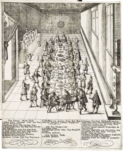 Refeição festiva por ocasião do juramento de fidelidade recebido por Fernando IV (1633 -1654) Rei dos Romanos, Rei da Hungria e Rei da Boêmia em 5 de setembro de 1651 em Viena de Bartholomäus Kilian