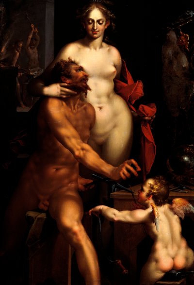 Vénus na forja de Vulcano, Júpiter e Antiope (pintura) de Bartholomaeus Spranger