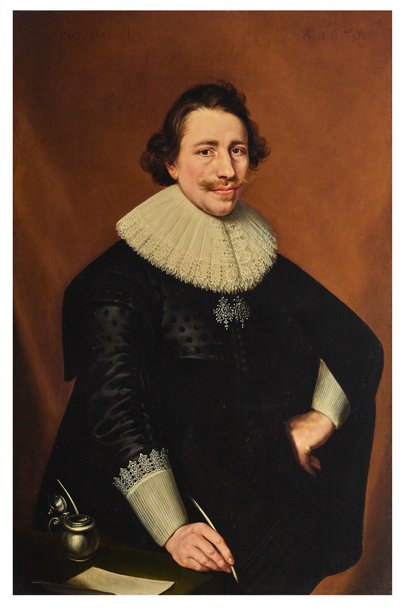 Retrato de um cavalheiro, a três quartos de comprimento, segurando uma pena; de Bartholomeaus Sarburgh