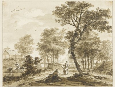 Paisagem com figuras e à esquerda um homem em um punt de Bartholomeus Barbiers