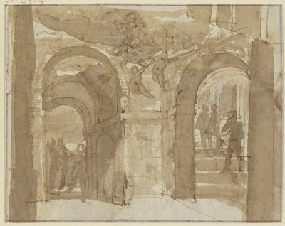 Abóbada antiga com escadaria e várias figuras, acima Maria flutua com anjos de Bartholomeus Breenbergh