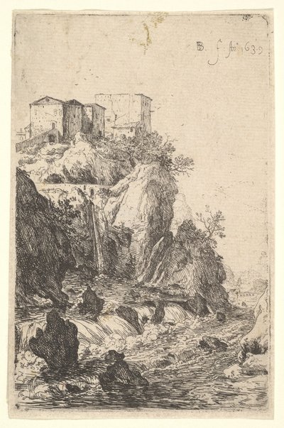 Cascatas perto de Ponte della Trave, com edifícios em um afloramento rochoso acima, da série ..., 1639. de Bartholomeus Breenbergh