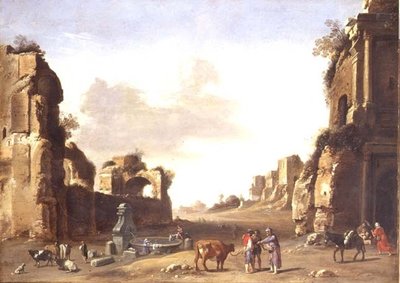 Ruínas Clássicas com Camponeses Regando seus Animais de Bartholomeus Breenbergh