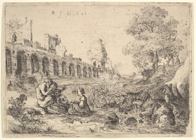 Córsega sentada diante de sátiros na margem de um rio, de um par de placas para Battista Gu ..., 1640. de Bartholomeus Breenbergh