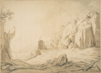 Paisagem com uma estrada abaixo de penhascos perto de Bracciano de Bartholomeus Breenbergh