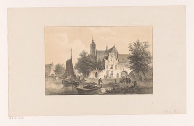 Arquitetura da cidade com rio e igreja de Bartholomeus Johannes van Hove