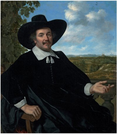 Retrato de Gabriel Marselis, a três quartos de comprimento, sentado, diante de uma balaustrada, uma paisagem com uma casa de campo e uma vista distante de Haarlem de Bartholomeus van der Helst