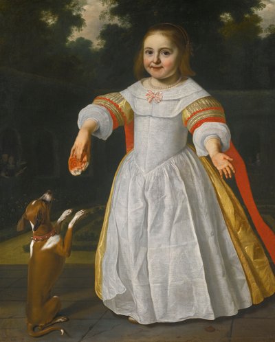 Retrato de uma rapariga com um pãozinho e um cão de Bartholomeus van der Helst