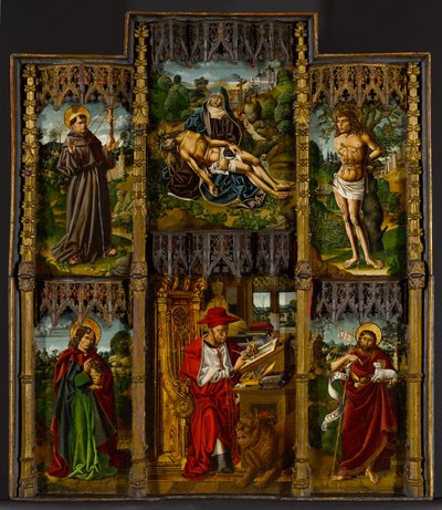 Retábulo Portátil: Pietà, São Francisco, Sebastian, João Evangelista, Jerônimo e João Batista, c.1500 de Bartolomé Bermejo
