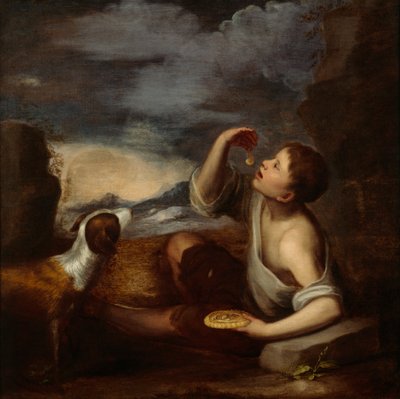 Um rapaz e um cão espanhóis (óleo sobre tela) de Bartolome Esteban (attr. to) Murillo