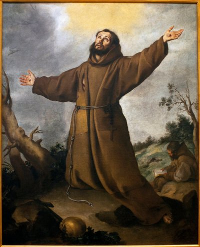 São Francisco de Assis (1181-1226) recebendo estigmas - Pintura de Bartolome Esteban Murillo (1617-1682), Oil On Canvas, cerca de 1645-1650 - Museu de Belas Artes de Sevilha, Espanha de Bartolomé Esteban Murillo