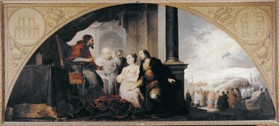 A fundação de Santa Maria Maggiore (Basílica de Santa Maria Maggiore). Patriciano João e sua esposa revelaram ao Papa Libério de Roma (papa de 352-366) acompanhados por dois eclesiásticos o seu sonho. Pintura de Bartolome Esteban Murillo (1617-1682 de Bartolomé Esteban Murillo