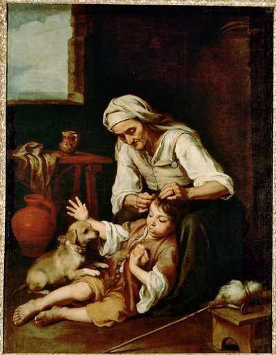 Vieja espulgando a un nino - uma mulher idosa limpando o cabelo de um menino ... (pintura sobre tela) de Bartolomé Esteban Murillo