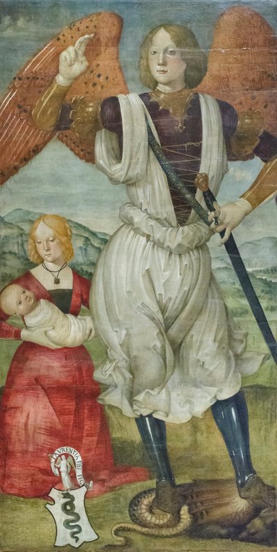São Miguel Arcanjo com Teodora Visconti e o filho recém-nascido, c.1486-87 (têmpera sobre painel) de Bartolomeo (attr. to) Della Gatta