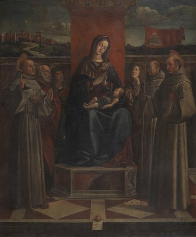 Virgem e Criança Entronizados com Seis Santos, c.1500 (óleo sobre tela) de Bartolomeo (attr. to) Montagna