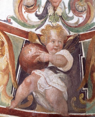 O estudo Studiolo de Francesco deMedici 1541-87 detalhe de decoração retratando um putto segurando um globo, 1564-75 afresco de Bartolomeo Ammannati