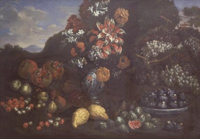Flores num Jarro Maiolica com Fruta numa Paisagem de Bartolomeo Bimbi