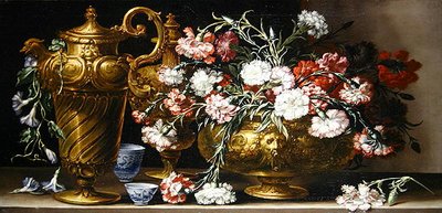 Natureza Morta com Pinks numa mala e uma torre Florentine num parapeito (óleo sobre tela) de Bartolomeo Bimbi