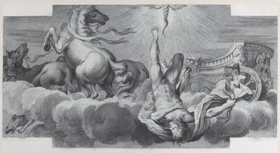 Ilustração 34: Auriga, o cocheiro, cai da carruagem no centro, com três cavalos em l..., 1756. Criadores: Bartolomeo Crivellari, Gabriel Söderling. de Bartolomeo Crivellari, Gabriel Söderling