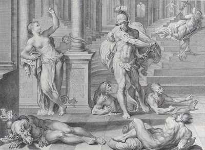 Placa 10: Ulisses obrigando Circe a restaurar as formas humanas de seus companheiros, que ela tinha ..., 1756 de Bartolomeo Crivellari