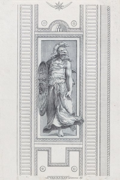 Placa 15: figura mitológica usando um capacete e segurando um escudo, 1756 de Bartolomeo Crivellari