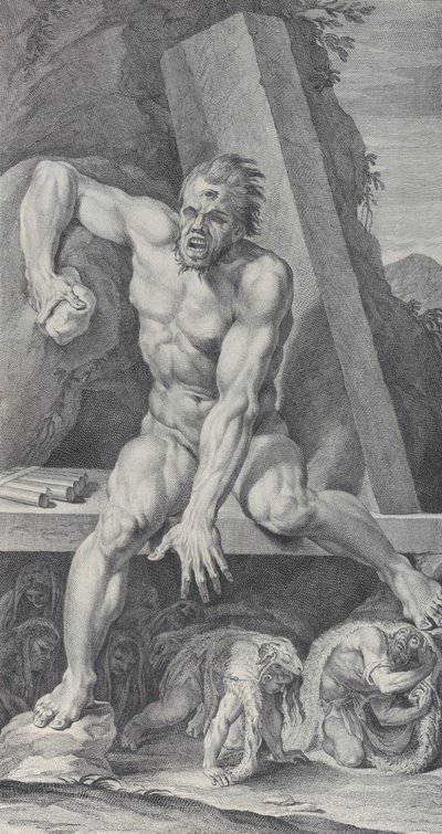 Placa 7: o cego Polifemo, guardando a entrada de sua caverna, com Ulisses e seu..., 1756 de Bartolomeo Crivellari