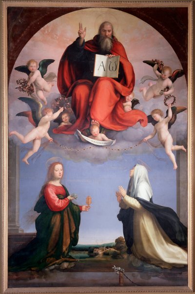 Deus está segurando um livro com as letras gregas Alfa e Ômega, escritas nele (pintura de Bartolomeo Fra