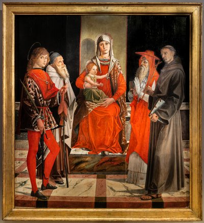 Entronizada Madona com o menino Jesus entre os santos Ansano, Antônio o Grande, Jerônimo e Francisco de Bartolomeo Montagna