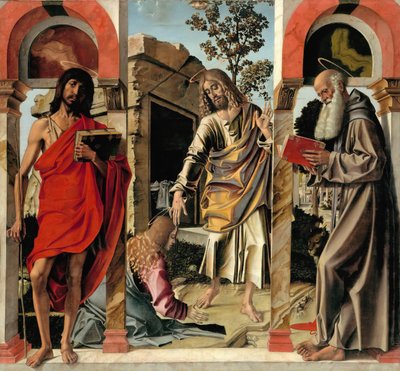 Ressuscitou Cristo com Maria Madalena e Santos João Batista e Jerônimo, c. 1492 de Bartolomeo Montagna