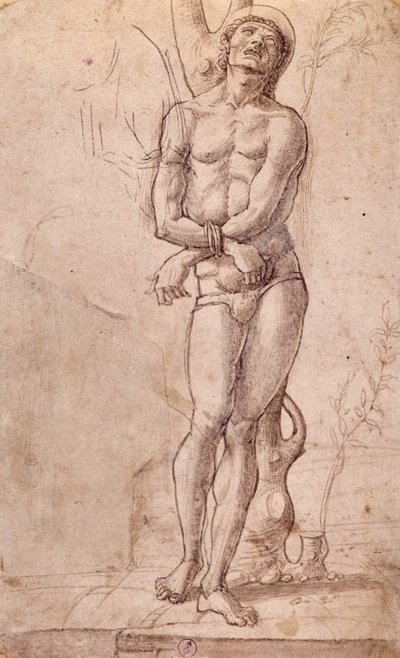 São Sebastião, ca. 1475, desenho de Bartolomeo Montagna (ca. 1450-1523), caneta e tinta castanha, com lavagem castanha, cm 20x15, Itália de Bartolomeo Montagna