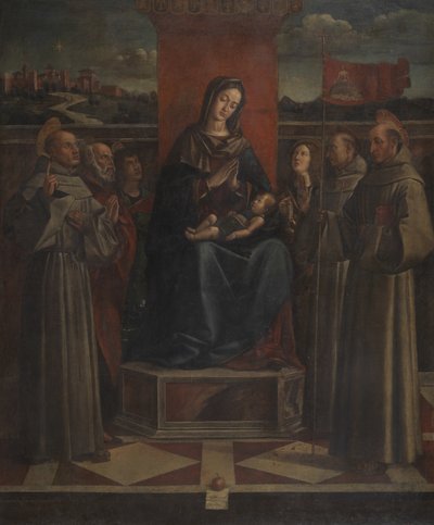 Virgem e Menino Entronizados com Seis Santos, c.1500 de Bartolomeo Montagna