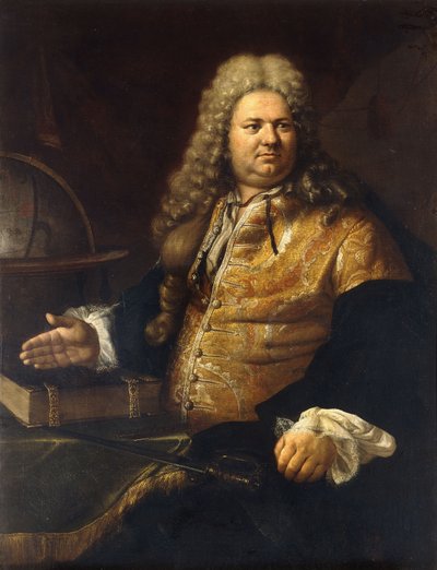 Retrato de um cavalheiro, supostamente o ator James Quin, no papel principal de Cato de Addison, sentado três quartos, em um casaco de brocado e capa verde ao lado de uma mesa com uma palavra, um livro e um globo de Bartolomeo Nazzari