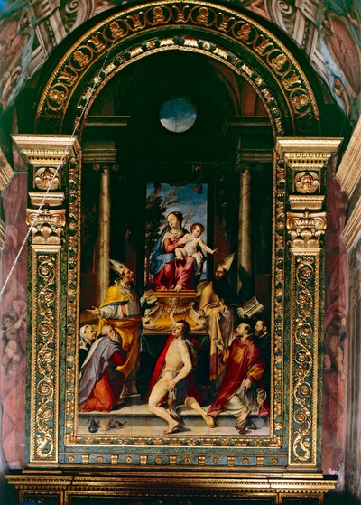 Madonna e Child Enthroned with Saint Anthony (óleo sobre painel) de Bartolomeo Passarotti