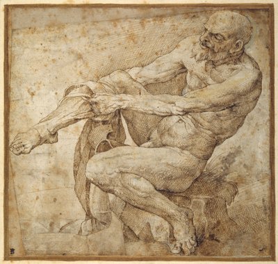 Homem nu puxando sua mangueira, depois de Marcantonio Raimondi e Michelangelo Buonarroti (caneta e tinta marrom sobre papel) de Bartolomeo Passarotti