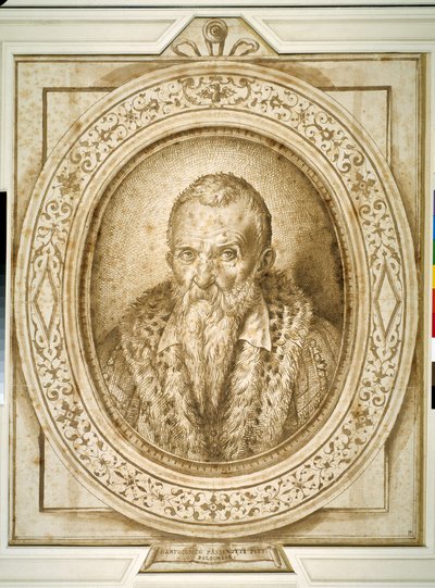 Auto-retrato na velhice, com enframamento simulado (caneta e tinta castanha sobre papel) de Bartolomeo Passarotti