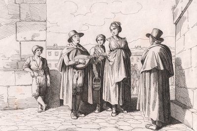 Homem cego cantando e tocando, gravura de Bartolomeo Pinelli (Roma de Bartolomeo Pinelli