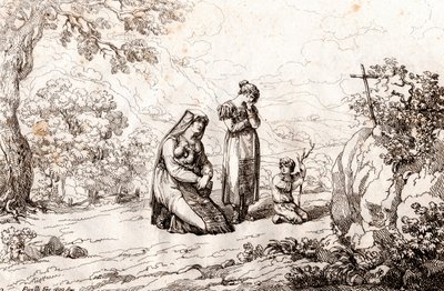 Ciociara mulher orando em frente à cruz onde seu marido foi morto, gravada por Bartolomeo Pinelli (Roma de Bartolomeo Pinelli
