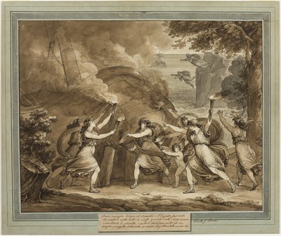 Cupido aconselha Calypso a incendiar o navio do Mentor, de As Aventuras de Telêmaco, Livro 7 de Bartolomeo Pinelli