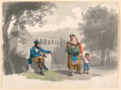 Desenho, Uma mulher segurando um menino com a mão e passando por um cavalheiro sentado entre ruínas na Campagna, 1807 de Bartolomeo Pinelli