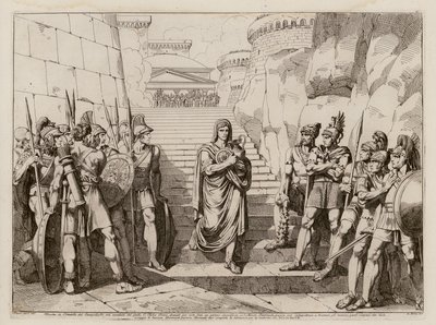 Caio Fábio Dorsu passa incólume pelos gauleses quando se dirige para fazer um sacrifício, 390 a.C. (gravura) de Bartolomeo Pinelli