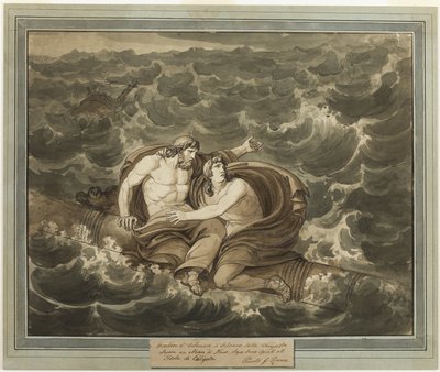 Mentor e Telêmaco, tendo sobrevivido à tempestade, são levados à Ilha de Calipso em um mastro, de As Aventuras de Telêmaco, Livro 6 de Bartolomeo Pinelli