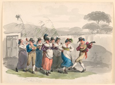 "Saltarello Romano", camponeses dançantes no bairro de Roma de Bartolomeo Pinelli