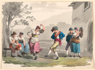 "Saltarello Romano", camponeses dançantes no bairro de Roma de Bartolomeo Pinelli