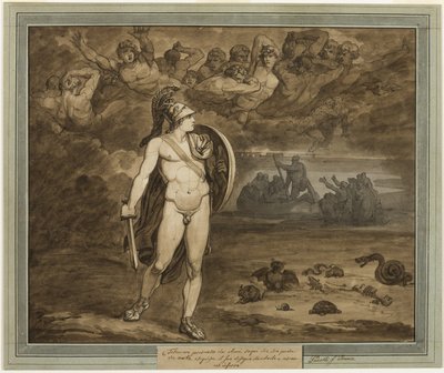 Telêmaco, acreditando que seu pai, Ulisses, está morto, procura por ele no submundo, de As aventuras de Telêmaco, livro 18 de Bartolomeo Pinelli