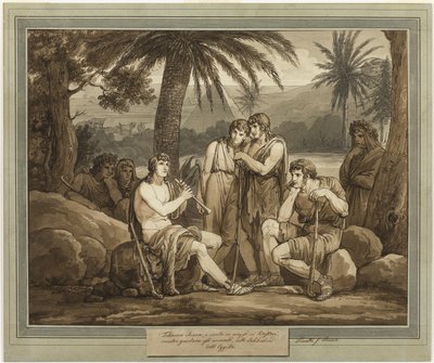 Telêmaco toca e canta para os pastores no Egito, de As Aventuras de Telêmaco, Livro 2 de Bartolomeo Pinelli